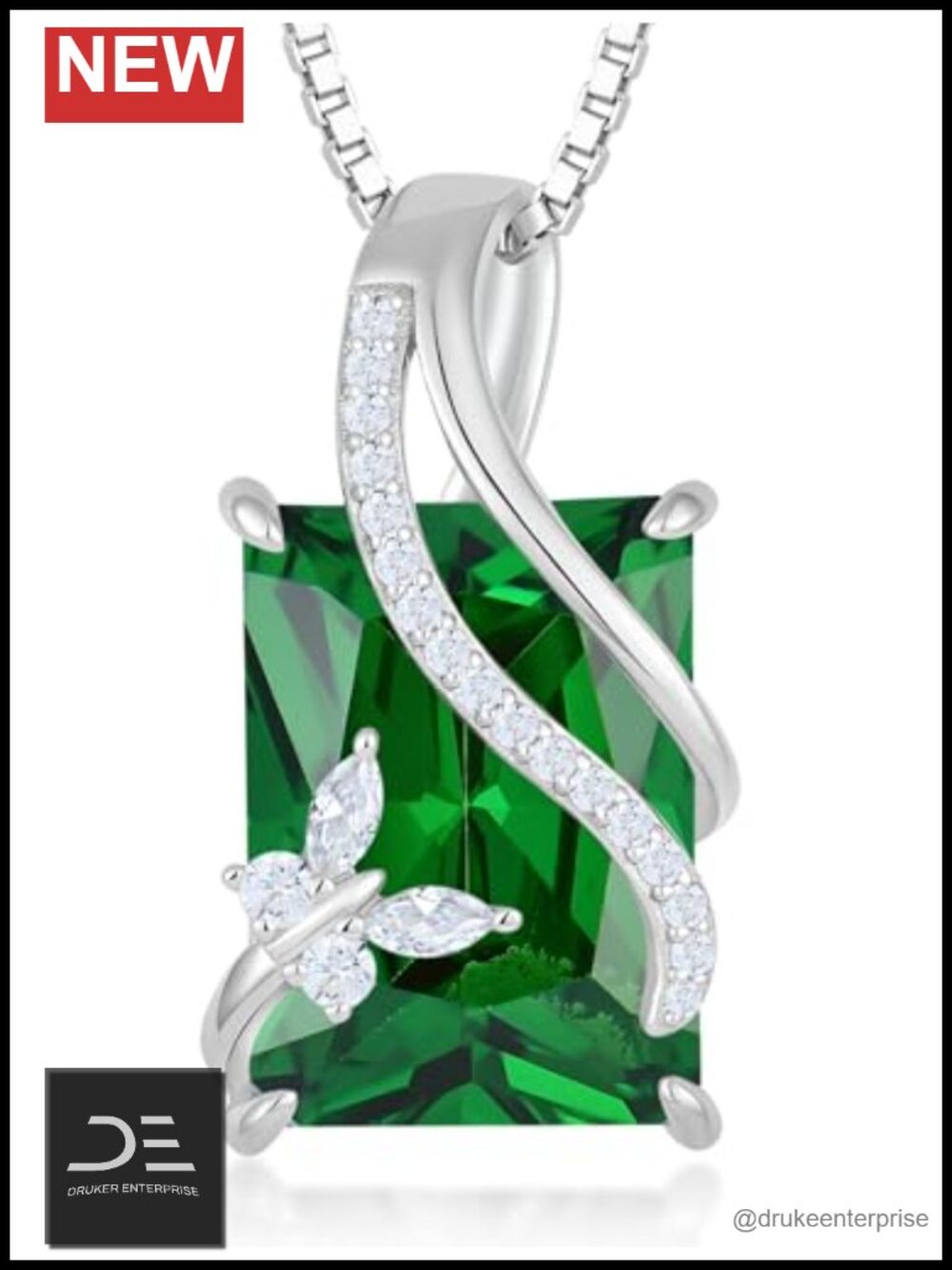 Sterling Silver Butterfly Infinity Pendant Necklace - Emerald Cut Birthstone